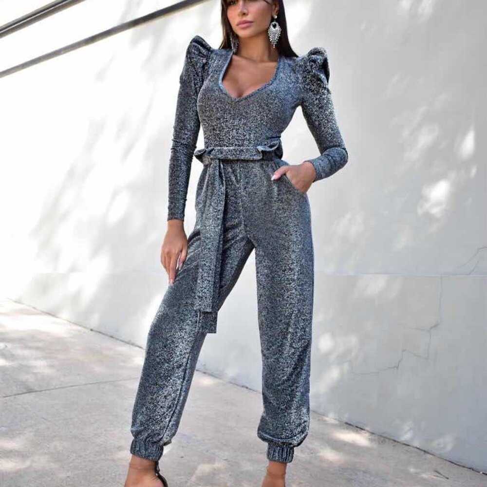 NEW Shiny Charcoal Top and Pants Set with a tie belt
